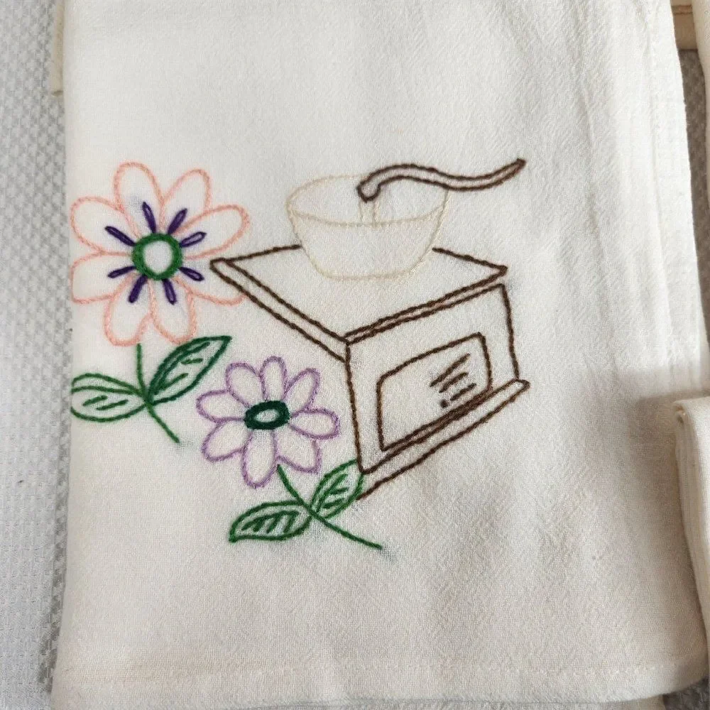 Vintage Hand Embroidered Tea Towels Kitchen Lot 5 Kettle Coffee Lot 5 Muslin